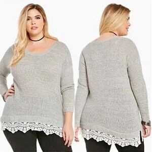TORRID Grey Long Sleeve 2Fer Sweater with Lace Hem Plus Size 1X Tunic Pullover